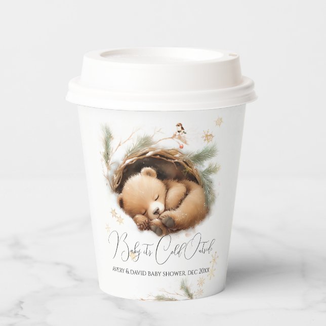 Cold Outside Woodland Bear Winter Baby Shower Paper Cups (Front)
