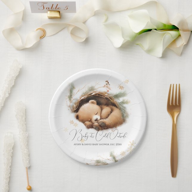 Cold Outside Woodland Bear Winter Baby Shower Paper Plate (Wedding)