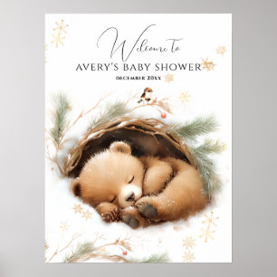 Cold Outside Woodland Bear Winter Baby Shower Poster