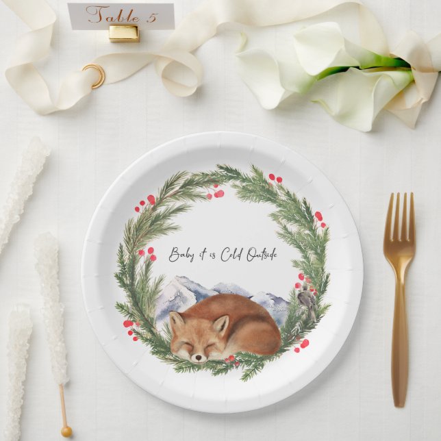 Cold Outside Woodland Fox Winter Baby Shower Paper Plate (Wedding)