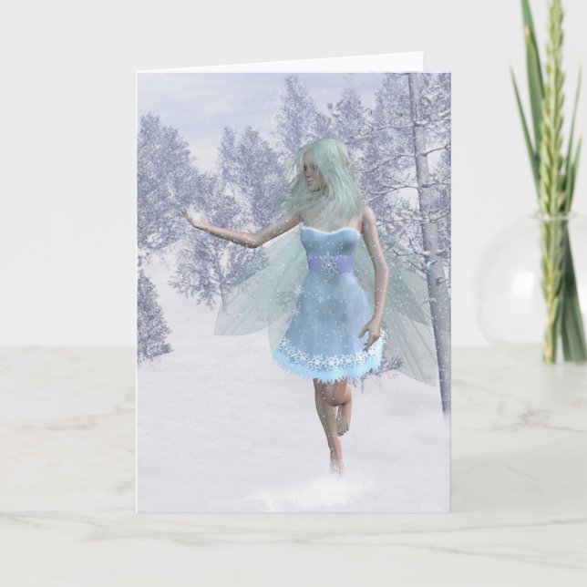 Cold Winter Fairy Catching Snowflakes Holiday Card (Front)