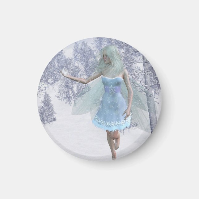 Cold Winter Fairy Catching Snowflakes Magnet (Front)