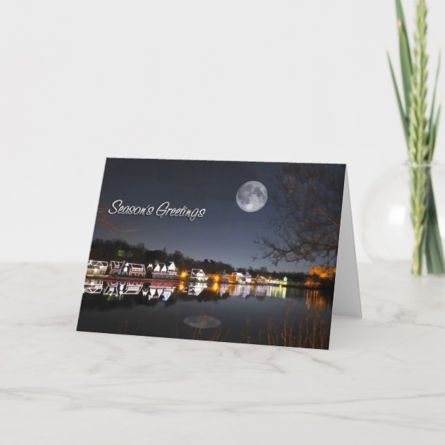Cold Winter Night Boathouse Row Season's Greetings Holiday Card (Front)