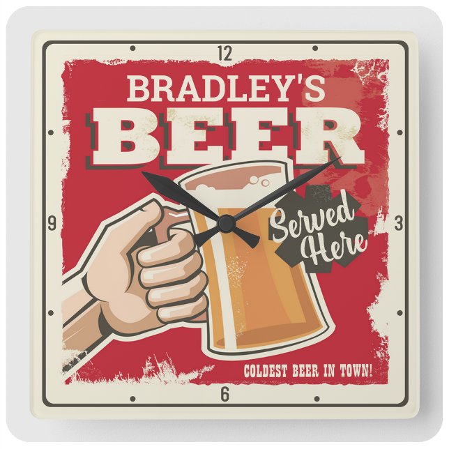 Coldest Beer in Town ADD NAME Home Brew Bar Square Wall Clock (Creator Uploaded)