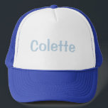 Colette Blue White Hat<br><div class="desc">This is a blue and white women's trucker hat. The name Colette is on the front of the hat in light blue text.</div>