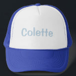 Colette Blue White Hat<br><div class="desc">This hat is a royal blue and white hat. The hat has the name Colette in light blue text on the front. You can customize the front with a logo, design or text. Create an essential accessory that you will never leave behind! The hat is adjustable from 17" to 24",...</div>
