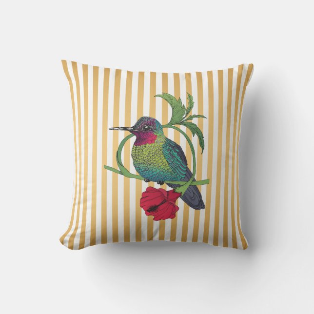 Colibri Bird Gold Stripes Throw Pillow (Front)