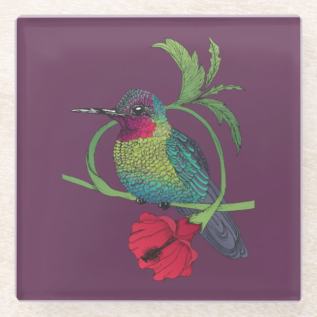 Colibri Bird Illustration Glass Coaster (Front)