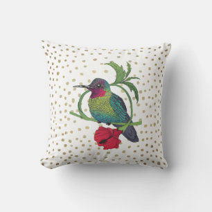 Colibri Bird Illustration Gold Bronze Dots Pillow