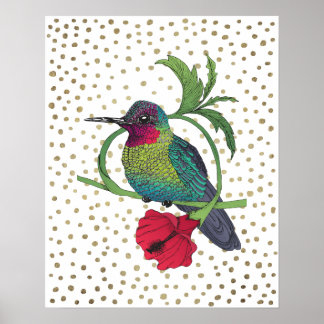 Colibri Bird Illustration Gold Bronze Dots Poster