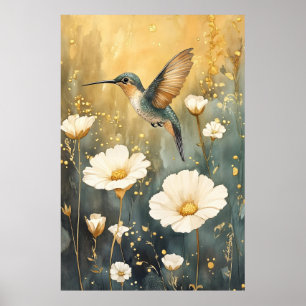 colibri en plein vol au milieu de fleurs blanches  poster
