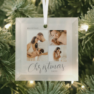 Collage 3 Photos Editable Color Christmas Ornament