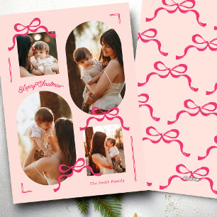 collage 4 photo multi photos pink bows Oval Photo Holiday Card