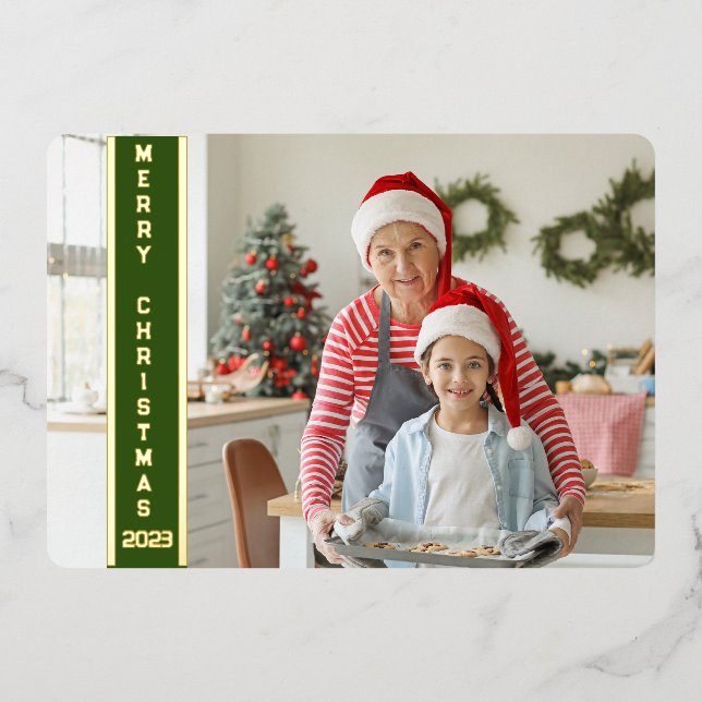 Collage 4 Photos Merry Christmas Red Family Gold Foil Holiday Card (Front)