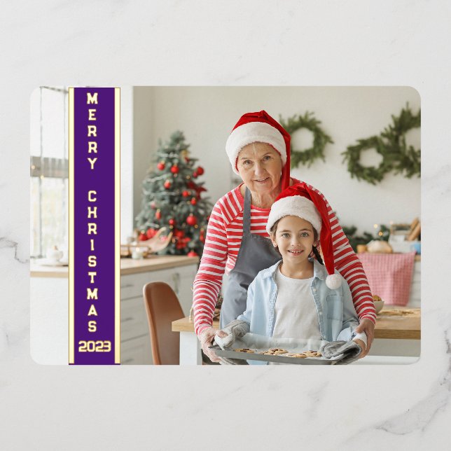 Collage 4 Photos Merry Christmas Red Family Gold Foil Holiday Card (Front)