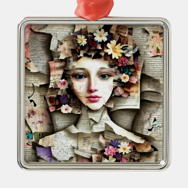 Collage Art | A Pretty Girl made of Book Pages Metal Ornament (Front)