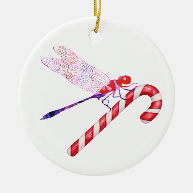 Collage art insect art DRAGONFLY with CANDY CANE Ceramic Ornament (Front)