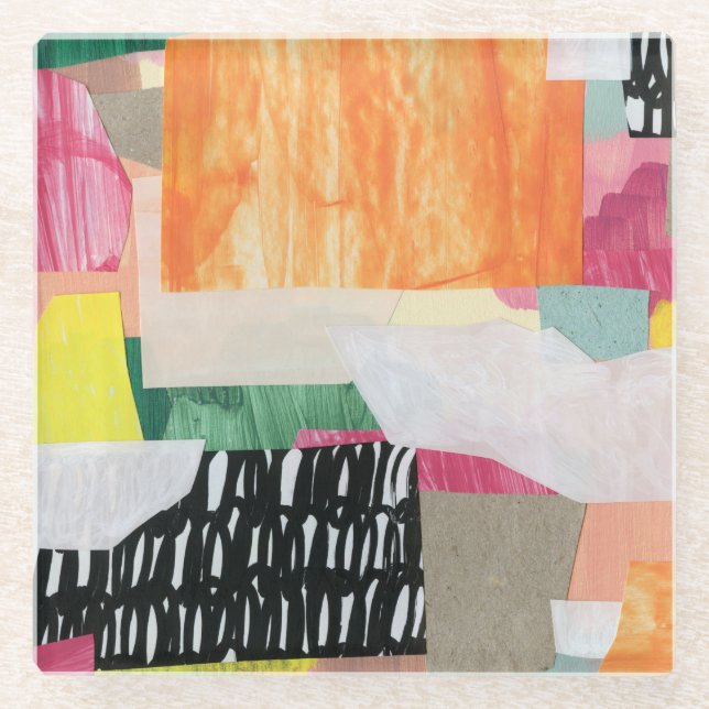 Collage art, modern colourful abstract. glass coaster (Front)