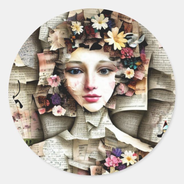 Collage Art | Pretty Girl made out of Book Pages Classic Round Sticker (Front)