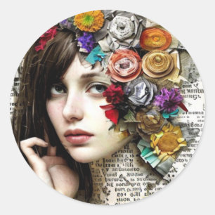 Collage Art   Pretty Girl with Flowers in her Hair Classic Round Sticker