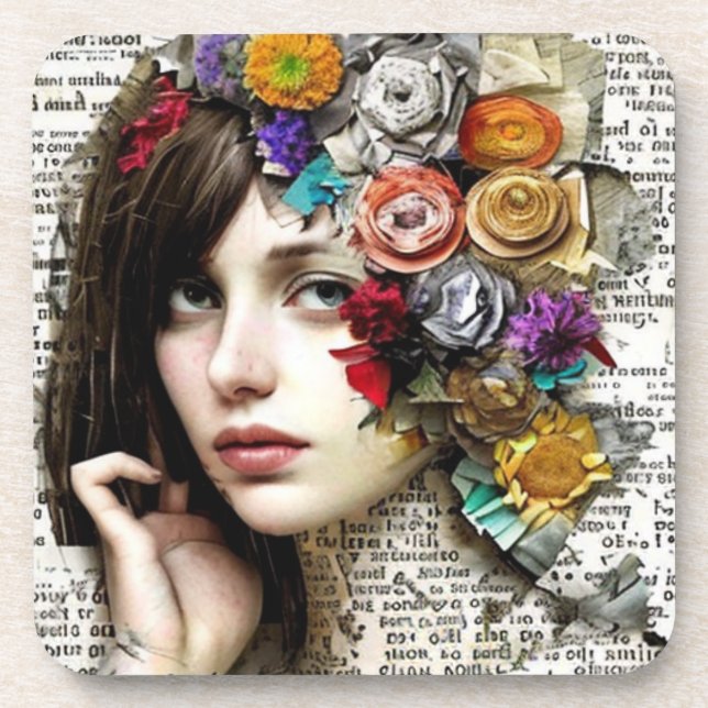 Collage Art | Pretty Girl with Flowers in her Hair Coaster (Front)