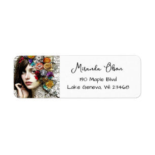 Collage Art   Pretty Girl with Flowers in her Hair Return Address Label