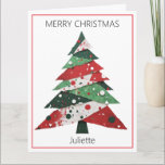 Collage Christmas Tree Card<br><div class="desc">Features a collage Christmas tree in a colour palette of red and green. Personalise with a name on the front,  your own message on the inside,  and your name in the “from” section.</div>