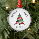 Collage Christmas Tree Metal Ornament<br><div class="desc">Features a collage Christmas tree in a colour palette of red and green. Personalise with a name.</div>