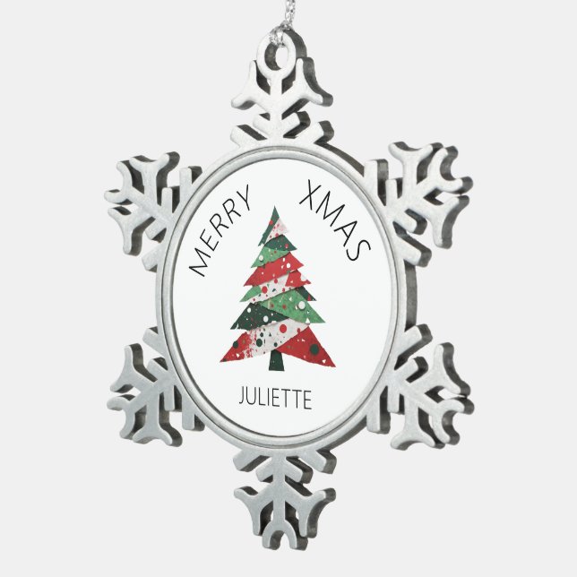 Collage Christmas Tree Snowflake Pewter Christmas Ornament (Right)