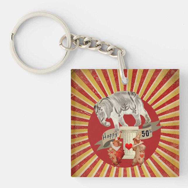Collage Circus Elephant Vintage Stripe Poster Key Ring (Front)