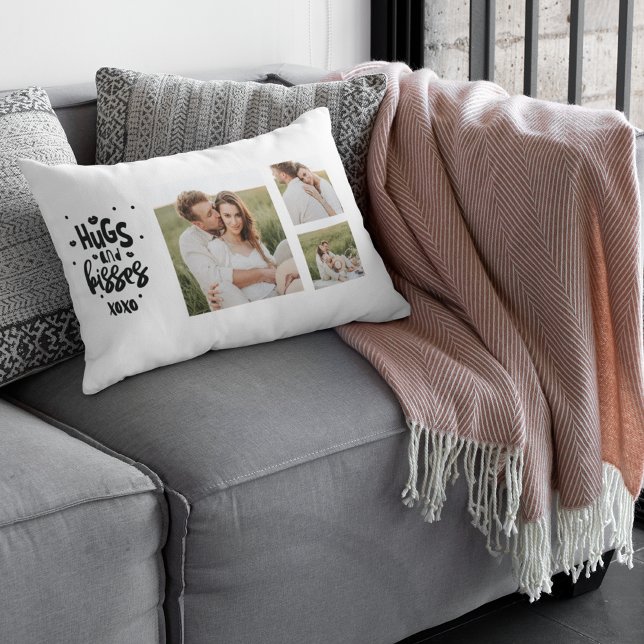 Collage Couple Photo & Hugs And Kisses Phrase Love Lumbar Cushion (Creator Uploaded)