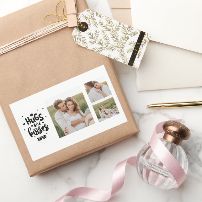 Collage Couple Photo & Hugs And Kisses Phrase Love Rectangular Sticker (Gifting)
