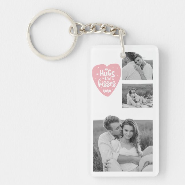 Collage Couple Photo & Hugs And Kisses PInk Heart Key Ring (Front)