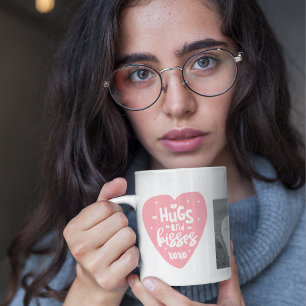 Collage Couple Photo & Hugs And Kisses PInk Heart Mug