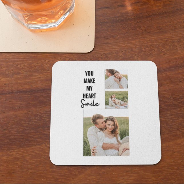 Collage Couple Photo & Lovely Romantic Quote Square Paper Coaster (Creator Uploaded)