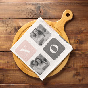 Collage Couple Photo & Pastel Pink & Grey XOXO Tea Towel