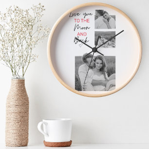 Collage Couple Photo & Romantic Quote To The Moon Round Clock