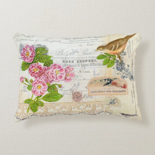 Collage Ephemera pillow with pink rose & bird (Front)