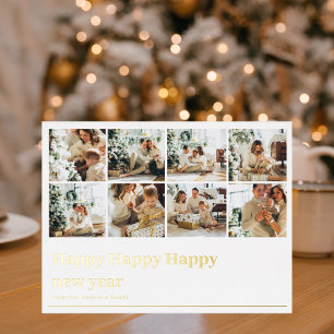 Collage Family Photo   Happy Happy New Year  Foil Holiday Postcard