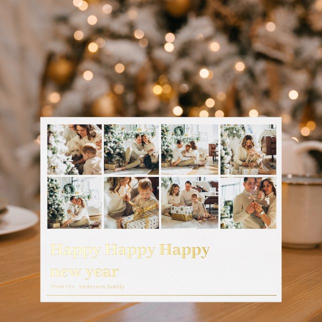Collage Family Photo | Happy Happy New Year  Foil Holiday Postcard (Creator Uploaded)
