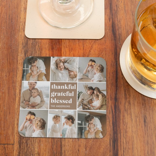 Collage Family Photo | Thankful Grateful Blessed Glass Coaster (Creator Uploaded)