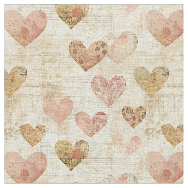 Collage Hearts on Handwritten Paper Fabric (Close Up)