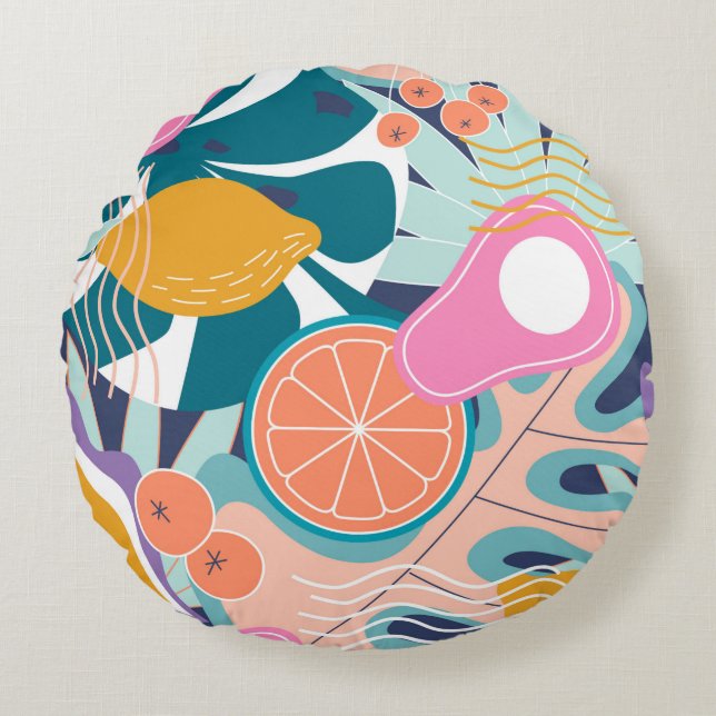 Collage modern floral seamless pattern. Modern exo Round Cushion (Front)