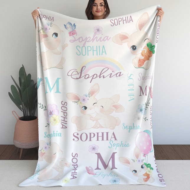 Collage Name Watercolor Bunnies Fleece Blanket (Collage Name Watercolor Bunnies Fleece Blanket)