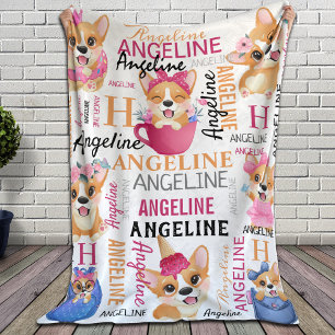 Collage Name with Corgi Dogs and Pattern Name Fleece Blanket