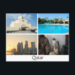 Collage of 4 photos in Qatar postcard<br><div class="desc">Postcard of 4 different images of Qatar like the museum of islamic arts MIA,  a pool with Doha skyline background,  Doha skyscrapers at sunset and a falconry falcon with the text: 'Qatar'.</div>