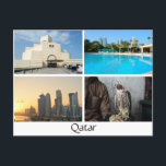Collage of 4 photos in Qatar postcard<br><div class="desc">Postcard of 4 different images of Qatar like the museum of islamic arts MIA,  a pool with Doha skyline background,  Doha skyscrapers at sunset and a falconry falcon with the text: 'Qatar'.</div>