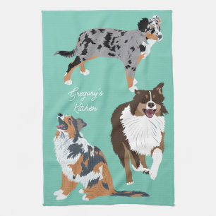 Collage of Autralian Shepherds Aussie Dogs Tea Towel