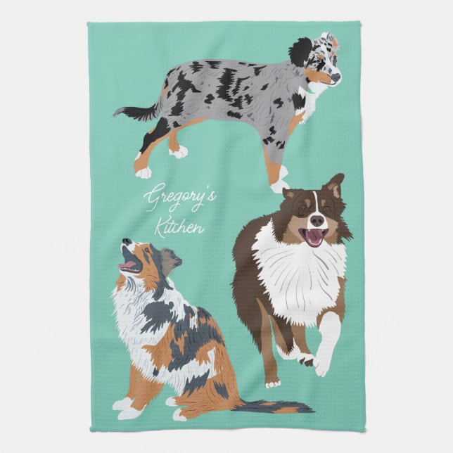 Collage of Autralian Shepherds Aussie Dogs Tea Towel (Vertical)