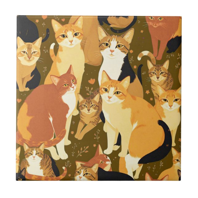 Collage of Cats in Brown, Tan and Rust Ceramic Tile (Front)